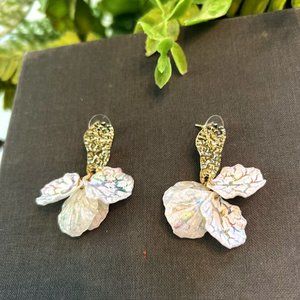 Cute Gold and White Leaf pair of LONG STUD DANGLE EARRINGS